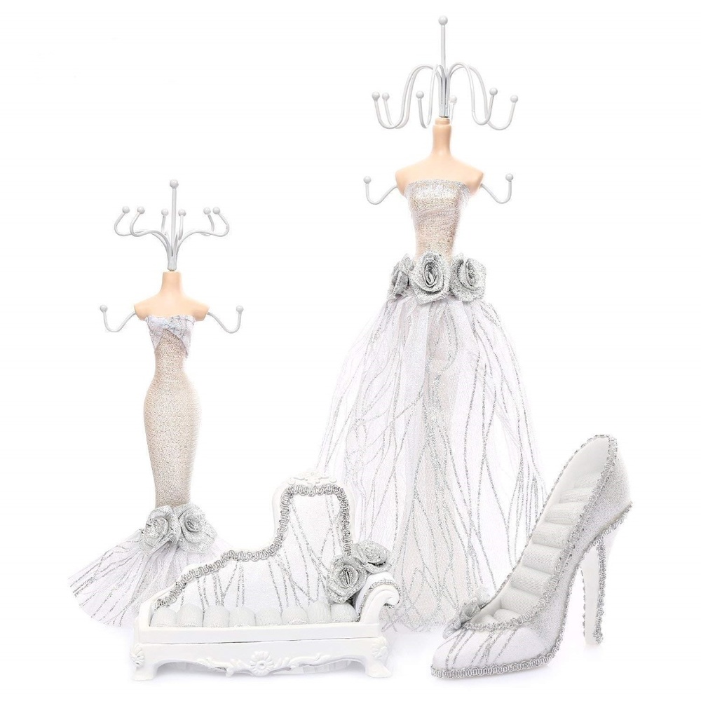 White & Silver Elegant Jewelry Holder 4 Piece Set